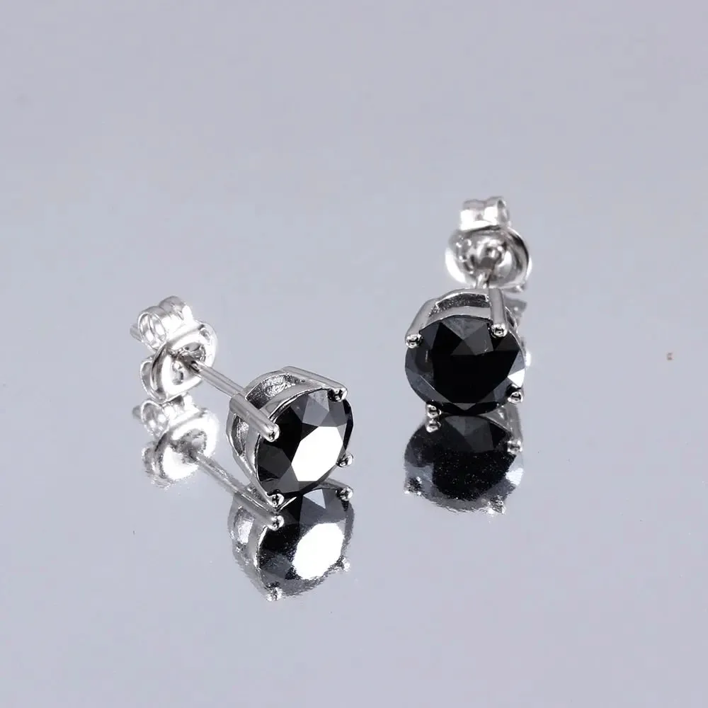 10k White Gold & Platinum Plated Silver Black Moissanite Stud Earrings 2ctw