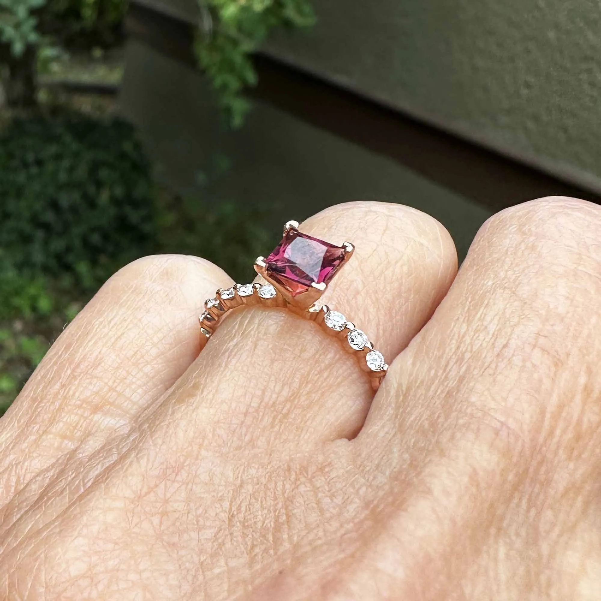 14K Rose Gold Diamond Tourmaline Rubellite Diamond Ring