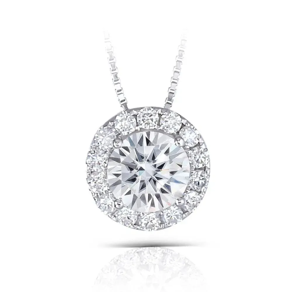 14k White Gold Halo Moissanite Necklace 1.3ct Total