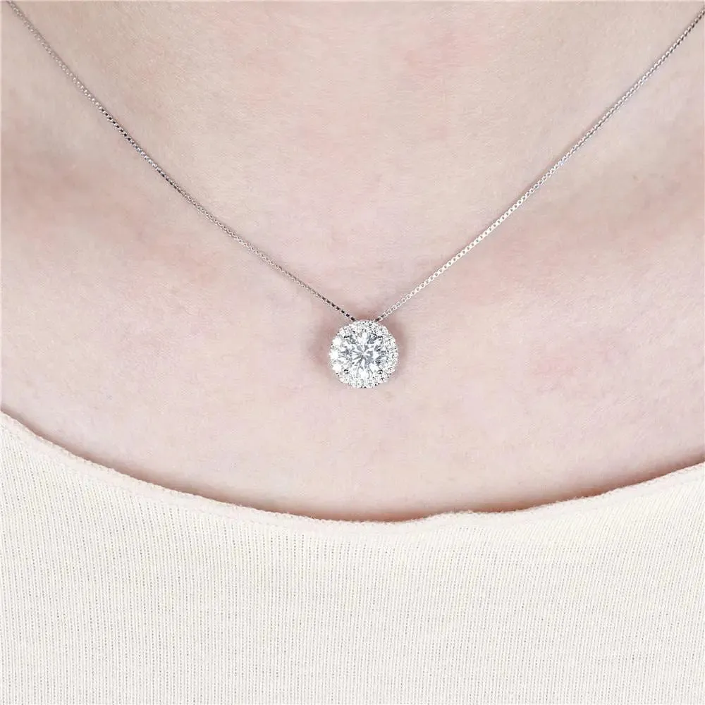 14k White Gold Halo Moissanite Necklace 1.3ct Total