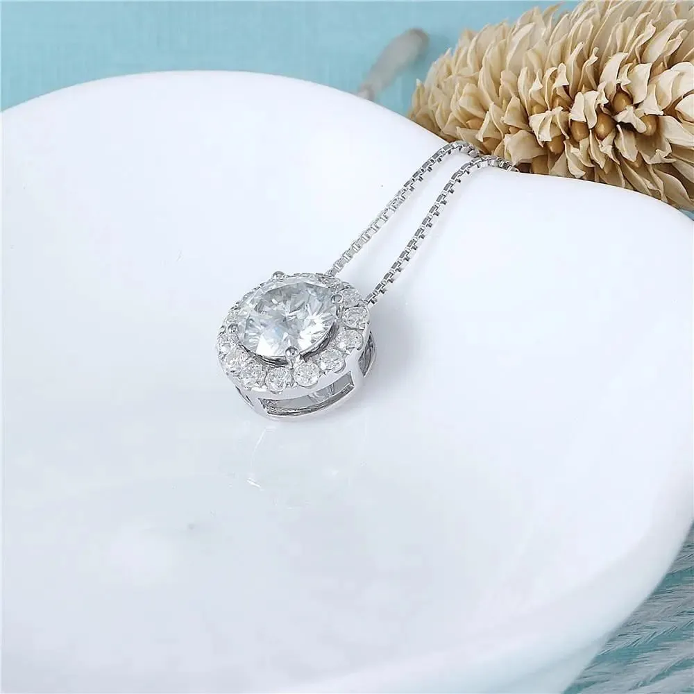 14k White Gold Halo Moissanite Necklace 1.3ct Total