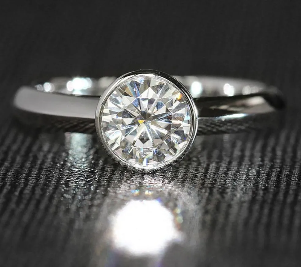 14k White Gold Solitaire Bezel Set Moissanite Ring 1ct