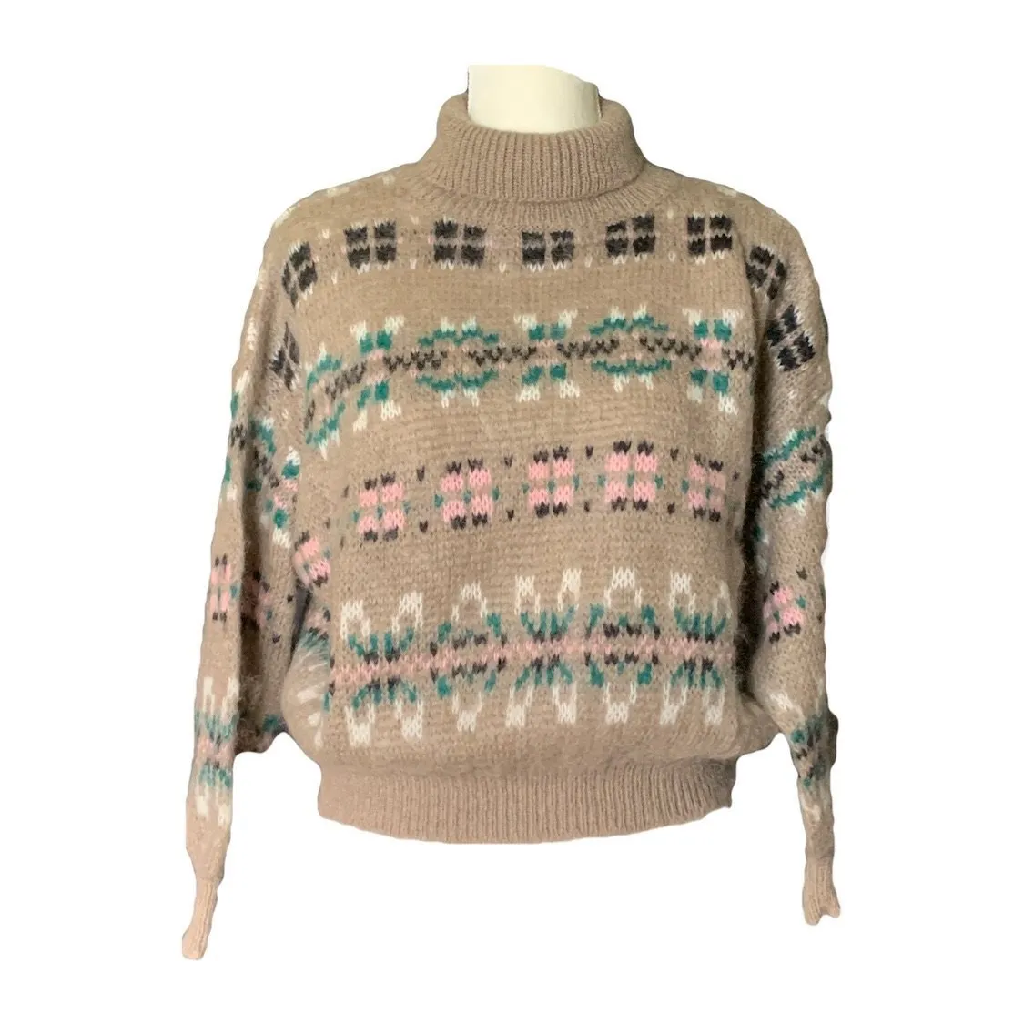 1980s Tan Fair Isle Sweater with Pink and Blue Accents by United Colors of Benetton. Preppy Style.