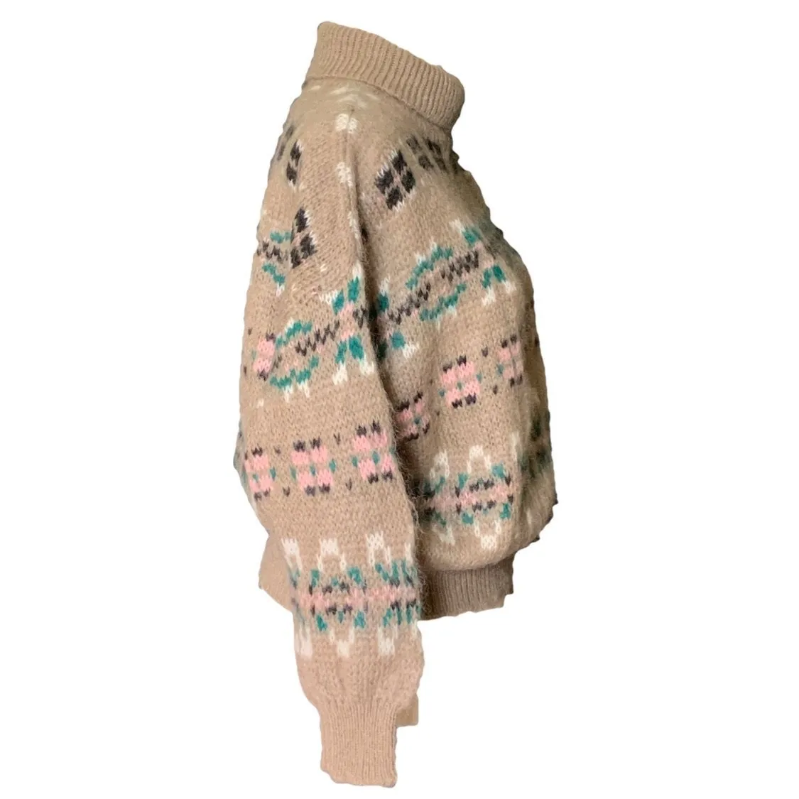 1980s Tan Fair Isle Sweater with Pink and Blue Accents by United Colors of Benetton. Preppy Style.