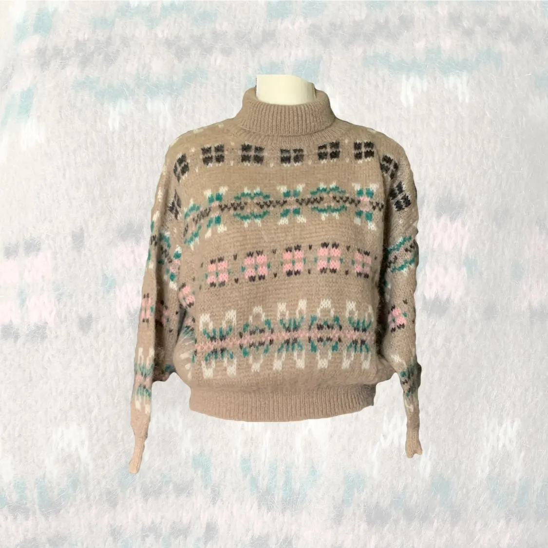 1980s Tan Fair Isle Sweater with Pink and Blue Accents by United Colors of Benetton. Preppy Style.