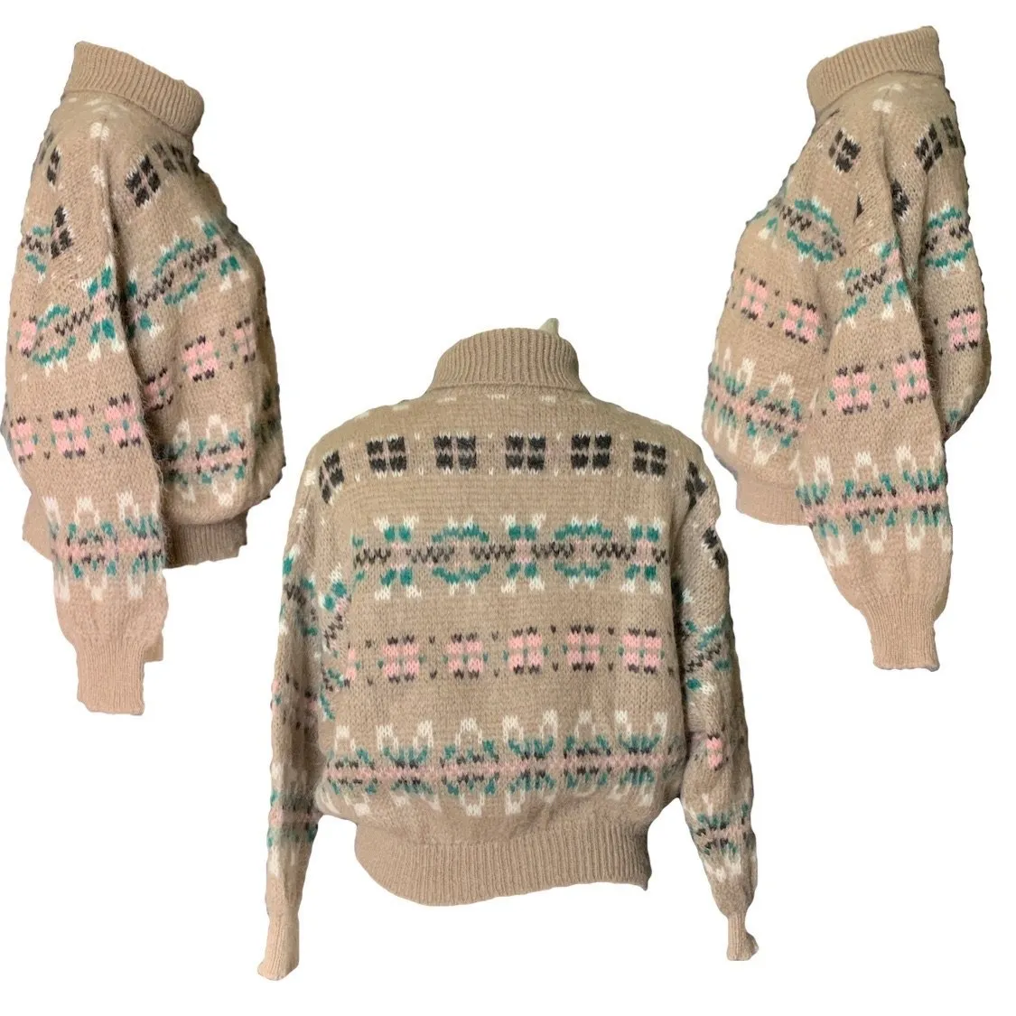 1980s Tan Fair Isle Sweater with Pink and Blue Accents by United Colors of Benetton. Preppy Style.