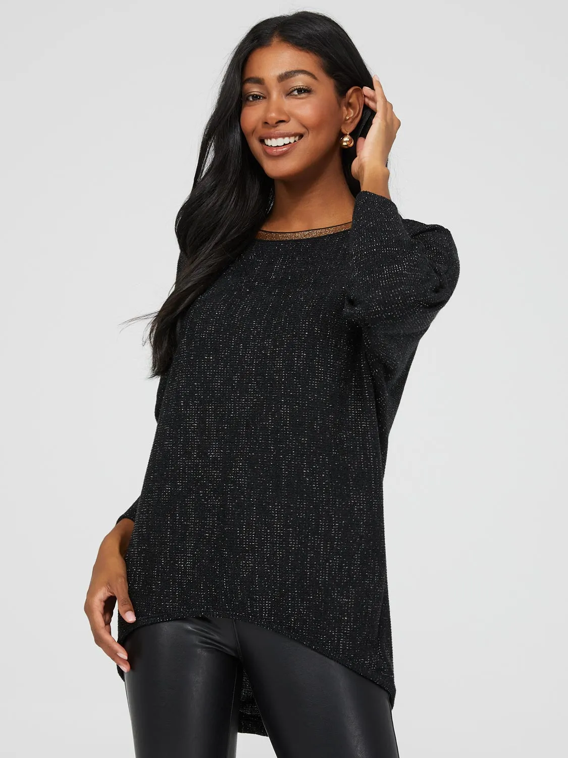 3/4 Sleeve High-Low Glitter Sweater