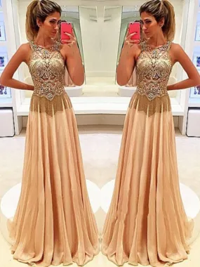 A Line Round Neck Sleeveless Beading Prom Dress with Sweep Train, Sweep Train Beaded Formal Dress