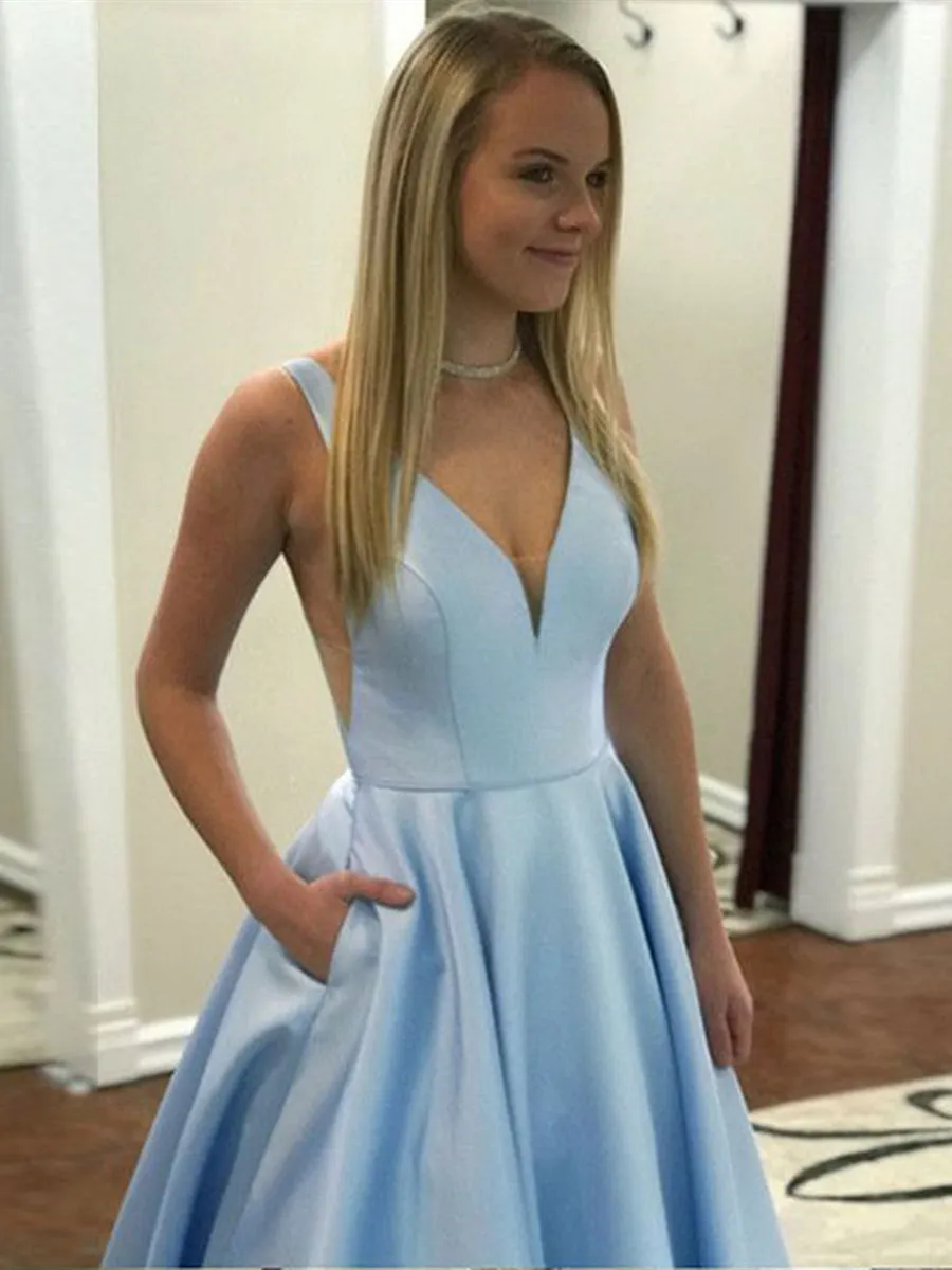 A Line V Neck Light Blue Satin Long Prom Dresses with Pocket, V Neck Light Blue Formal Graduation Evening Dresses