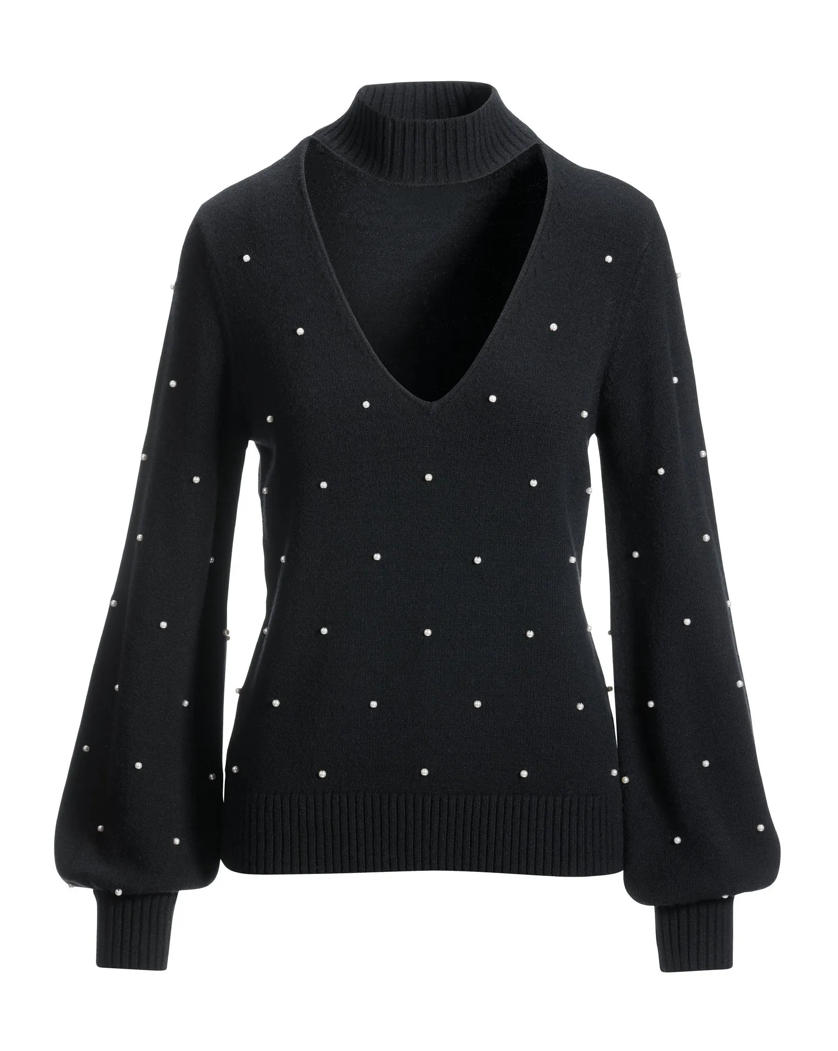 All Over Pearl Embellished Keyhole Sweater Black