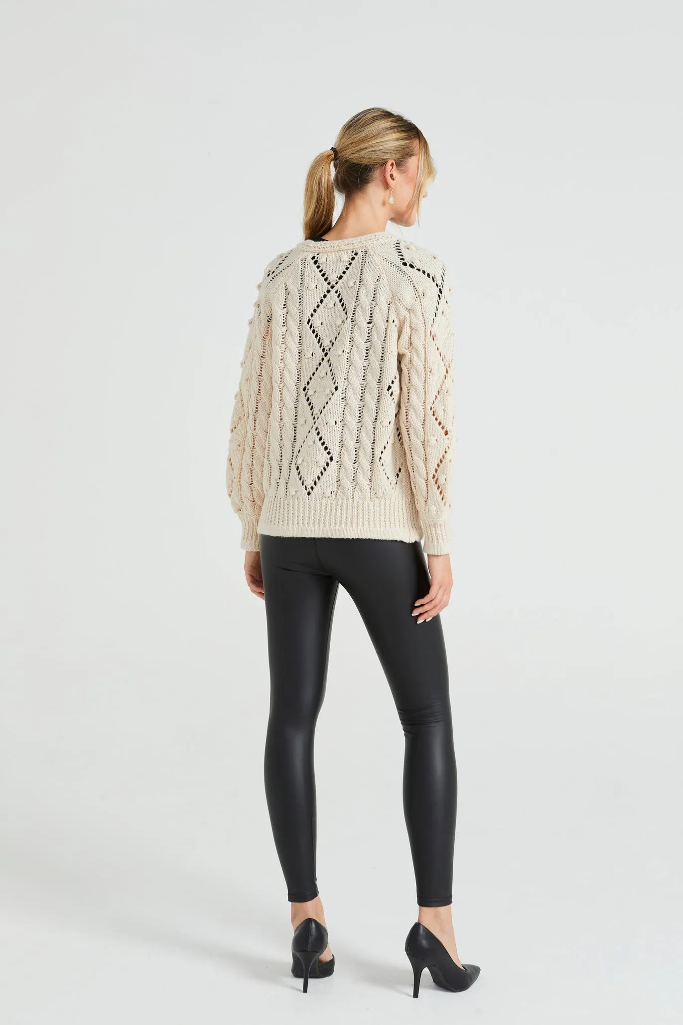 Angeleye Cable Knit V Neck Cardigan With Pom-pom