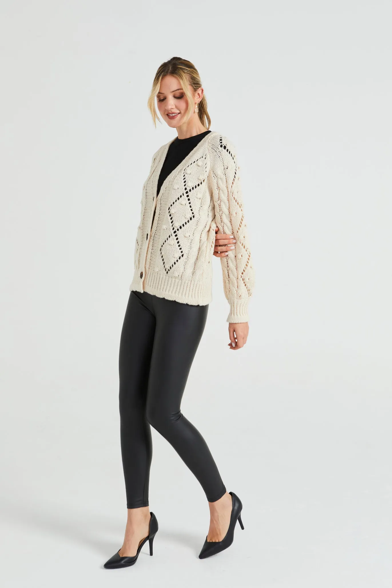 Angeleye Cable Knit V Neck Cardigan With Pom-pom