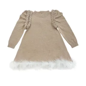 Anna Beige Knit Dress with Feathered Hem