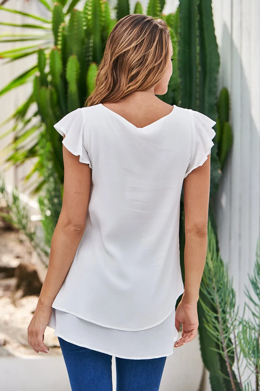 Audrey V Neck White Frill Sleeve Top