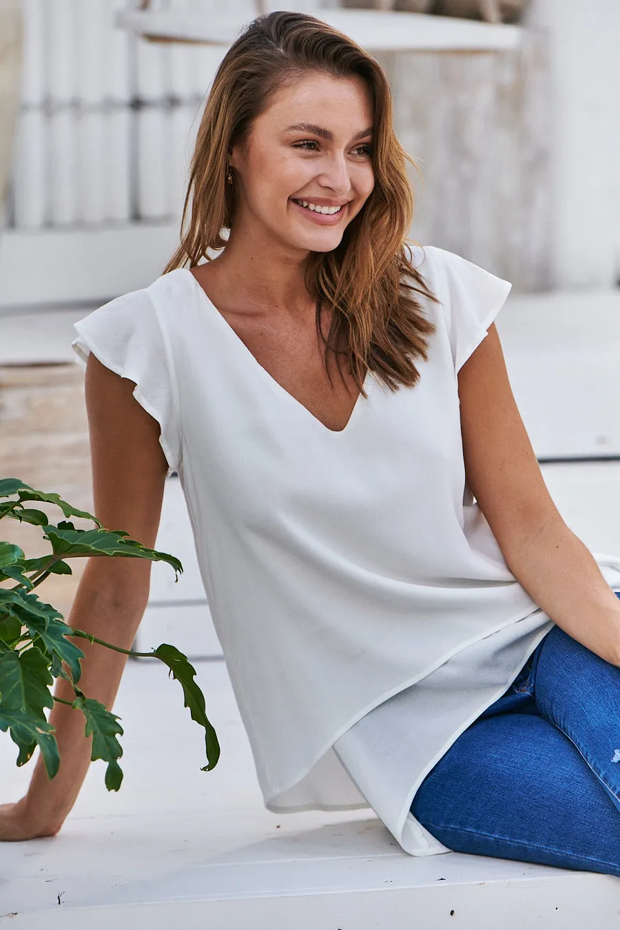 Audrey V Neck White Frill Sleeve Top