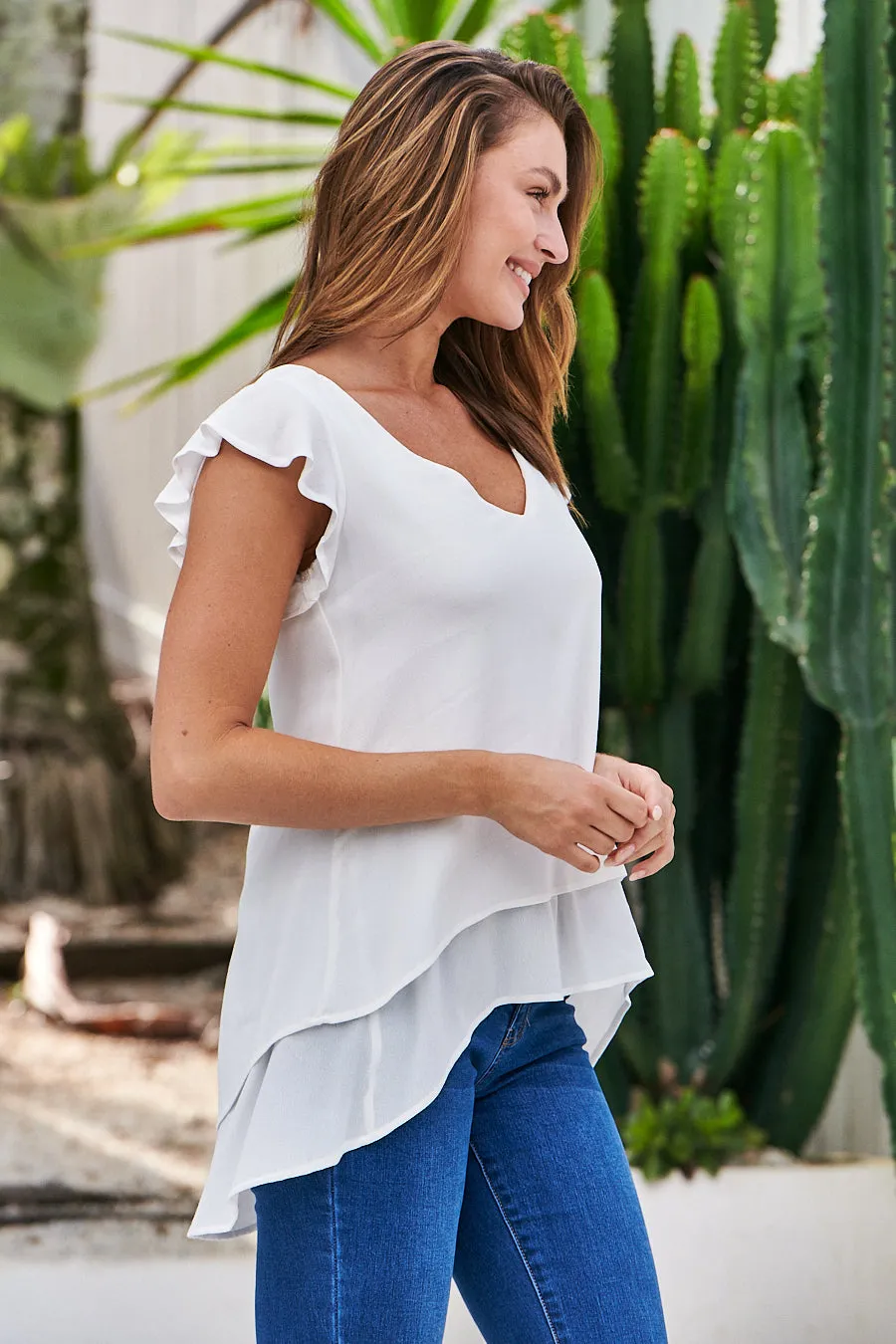 Audrey V Neck White Frill Sleeve Top