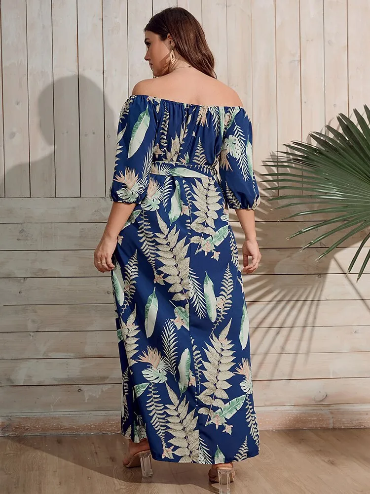 BerriesJam - 2024 Tropical Print Split Thigh Belted  Plus Size Dress