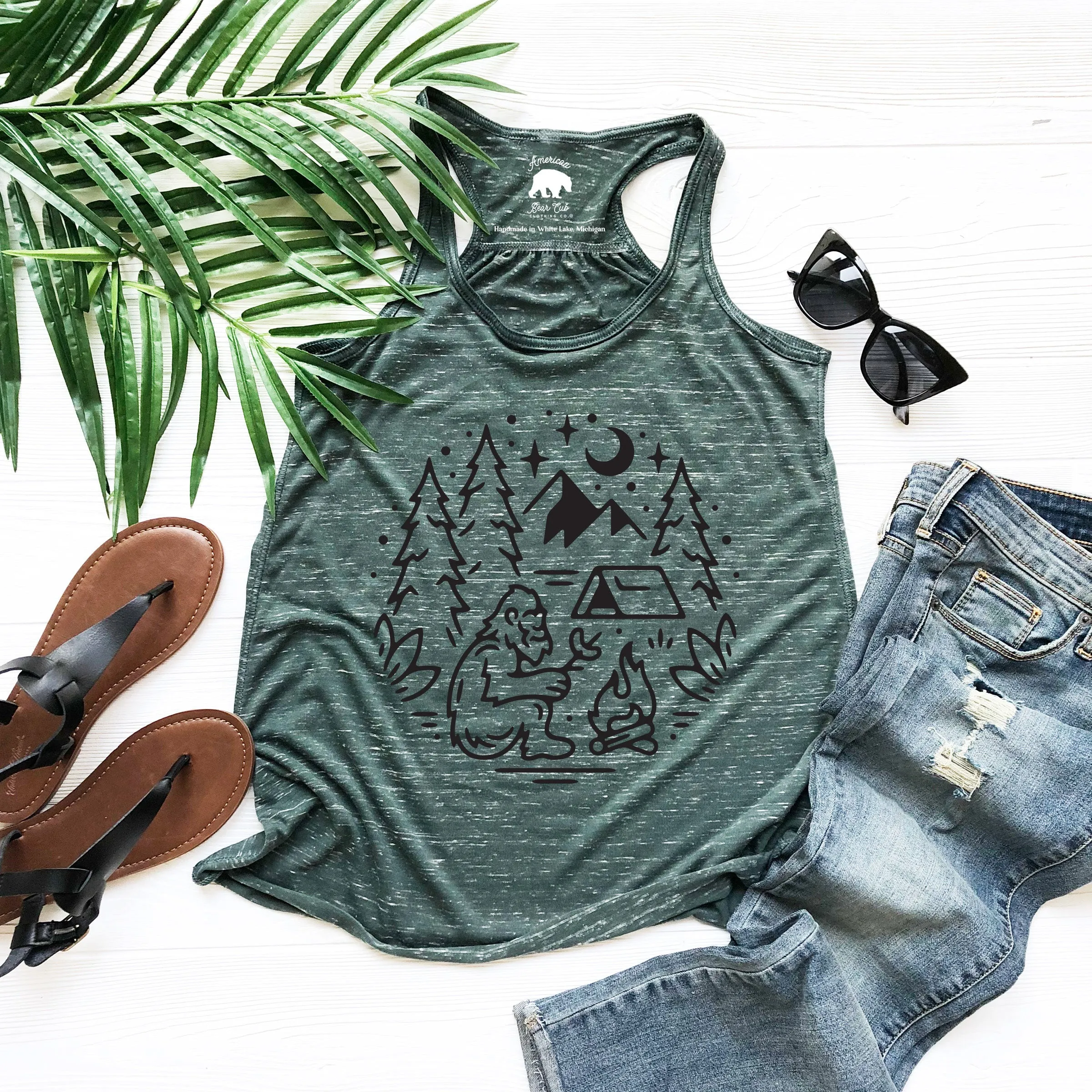 Bigfoot Camping Bonfire flowy racerback tank tops - light or dark artwork