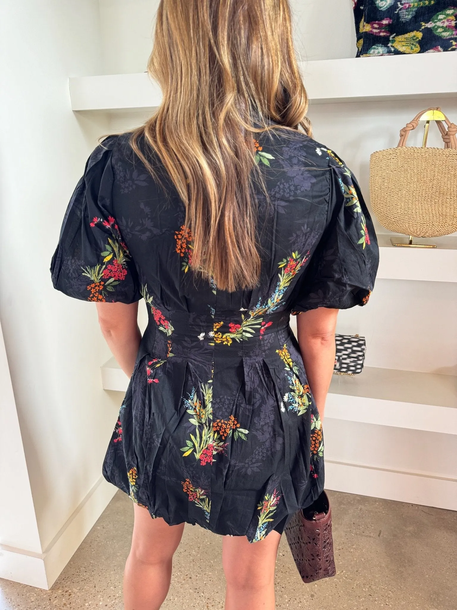 Black Floral Poplin Bubble Hem Dress