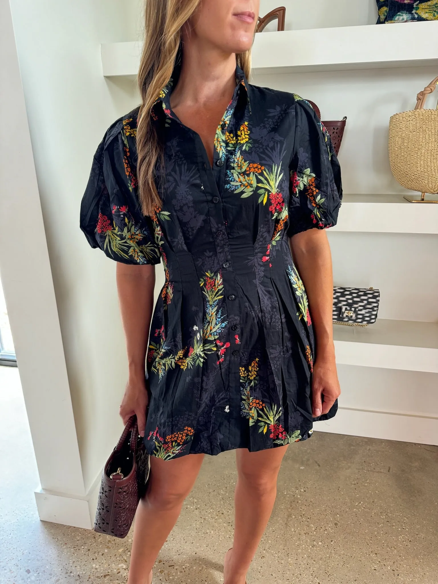 Black Floral Poplin Bubble Hem Dress