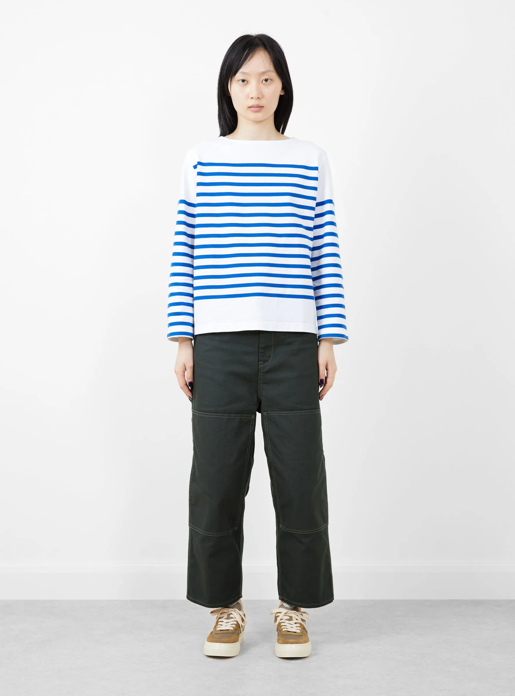 Boat Neck Striped Long Sleeve Tee White/Blue