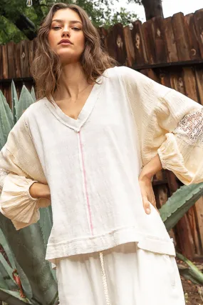 Bohemian Gypsy Blouse POL Balloon Sleeve Crochet Patch Top