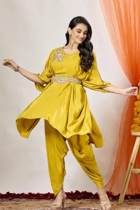 Bright Yellow Embellished Crepe Silk Tunic & Dhoti Set