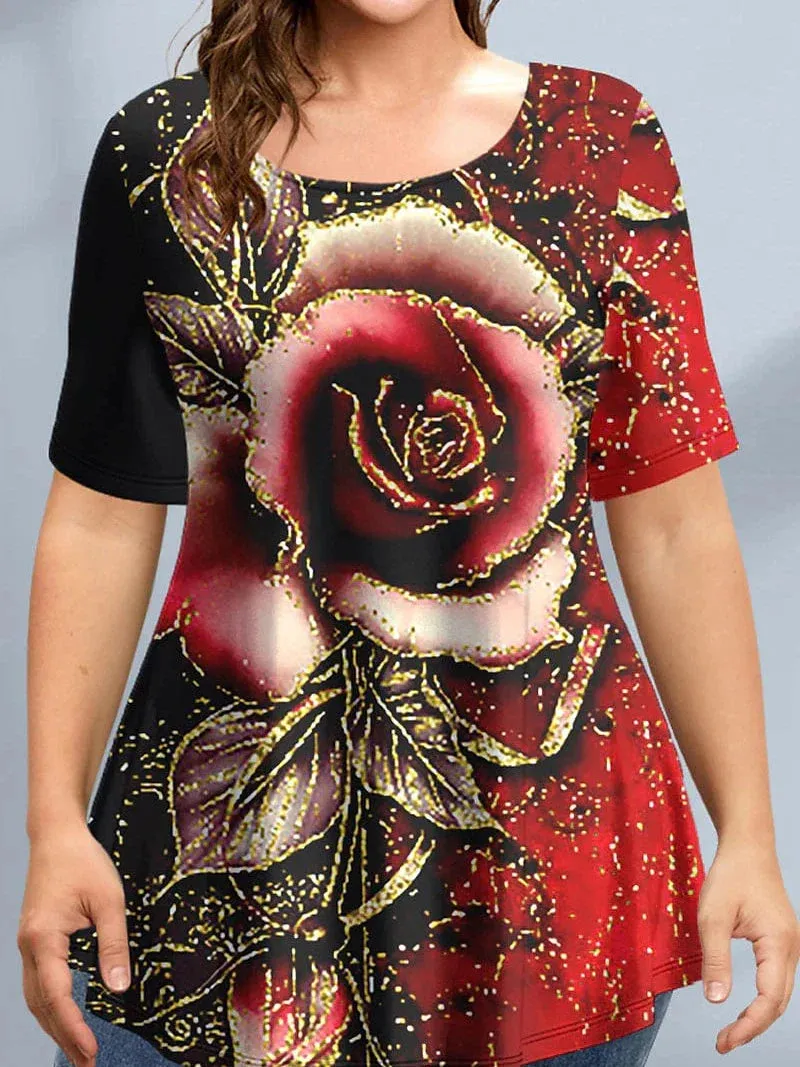 Burgundy Floral Wine Red Print Plus Size T-shirt for Women