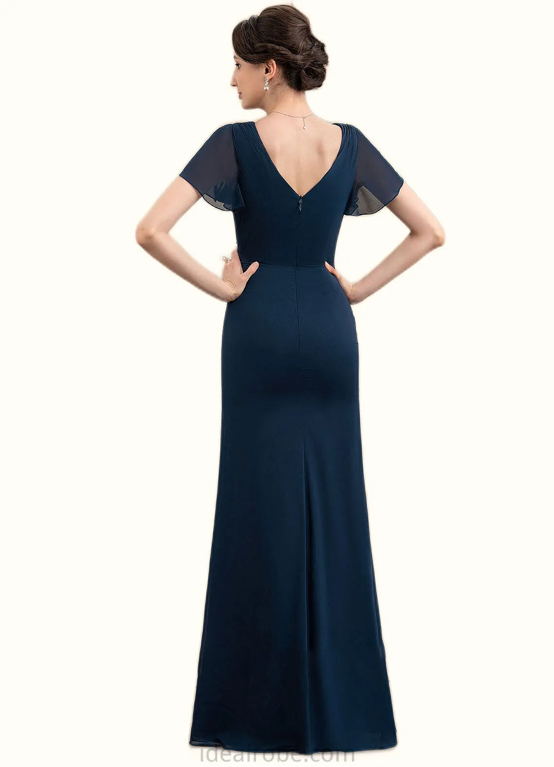 Callie Sheath/Column V-neck Floor-Length Chiffon Mother of the Bride Dress With Beading Split Front Cascading Ruffles STK126P0014868