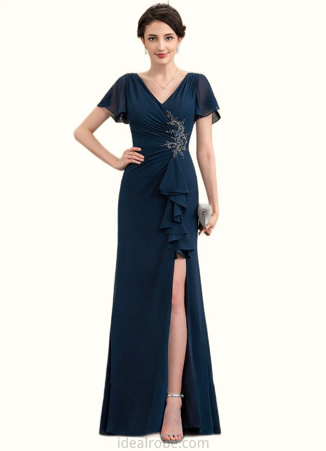 Callie Sheath/Column V-neck Floor-Length Chiffon Mother of the Bride Dress With Beading Split Front Cascading Ruffles STK126P0014868