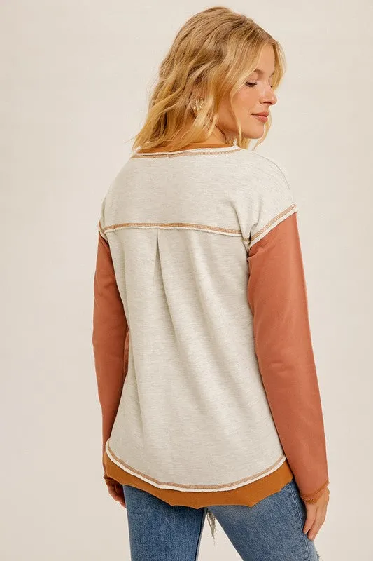 Color Block V-Neck Split Hem Pullover Top