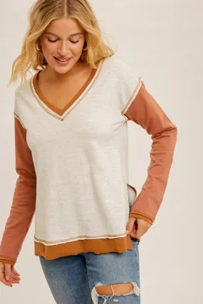 Color Block V-Neck Split Hem Pullover Top