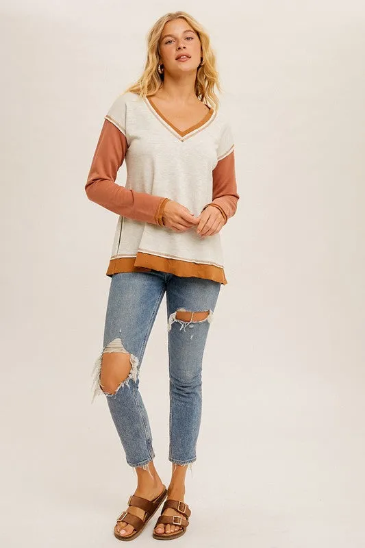 Color Block V-Neck Split Hem Pullover Top