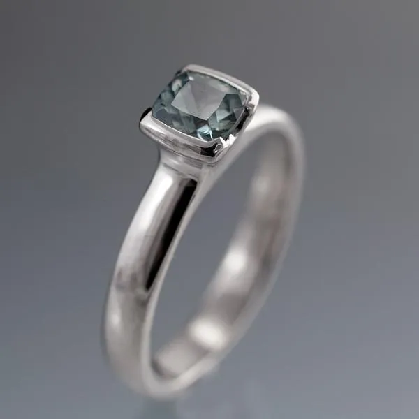 Cushion Teal Green/Blue Fair Trade Sapphire Half Bezel Solitaire Engagement Ring