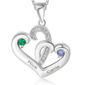 Custom Engraved 2 Stone Heart Name Necklace  - 2 Birthstone Mother's Necklace