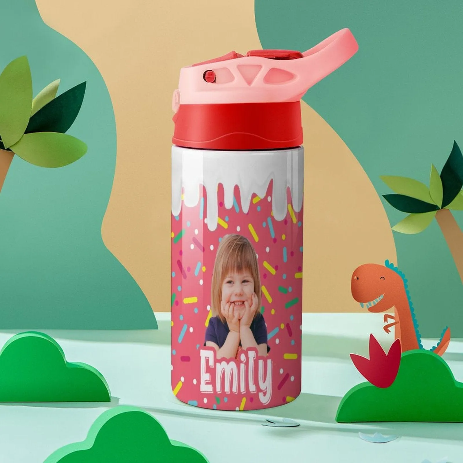 Custom Photo＆Name Personalised Cream Stainless Steel Kids Drink Bottles 500ml Water Bottle