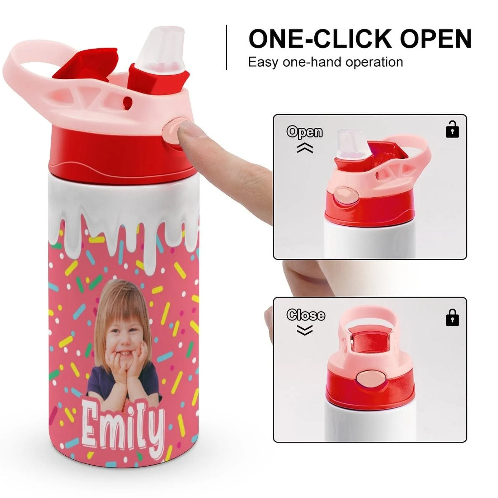 Custom Photo＆Name Personalised Cream Stainless Steel Kids Drink Bottles 500ml Water Bottle