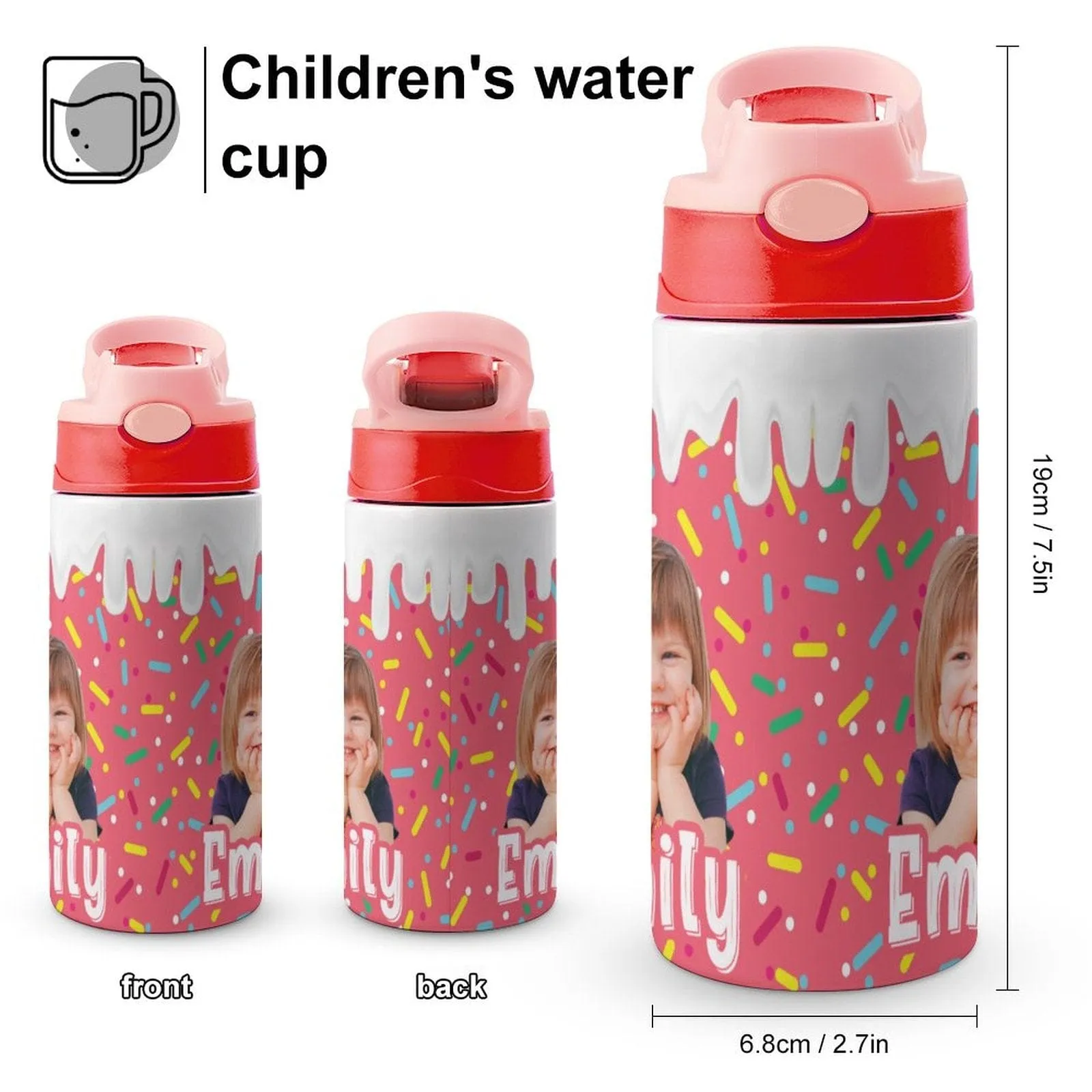 Custom Photo＆Name Personalised Cream Stainless Steel Kids Drink Bottles 500ml Water Bottle