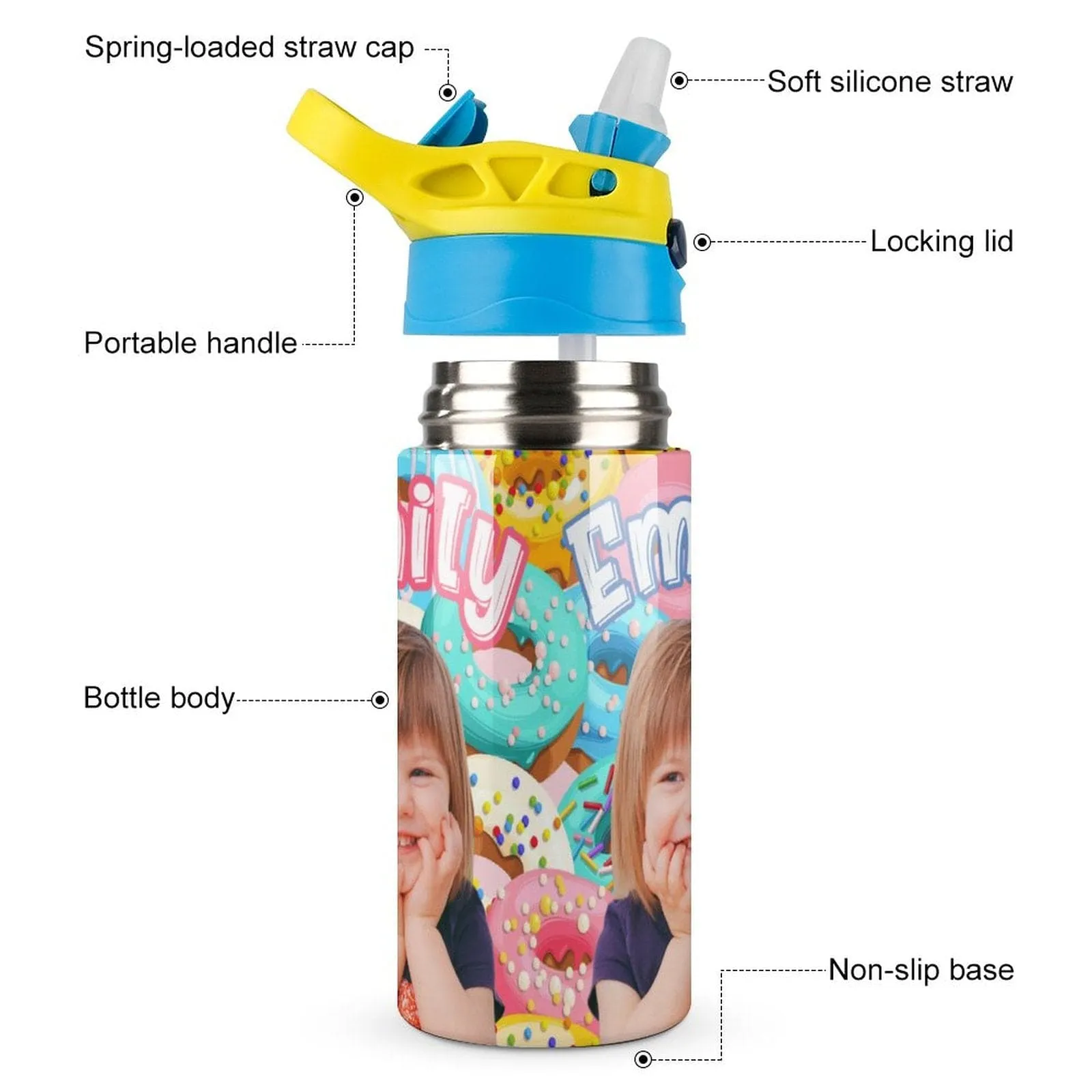 Custom Photo＆Name Personalised Donut Stainless Steel Kids Drink Bottles 500ml Water Bottle