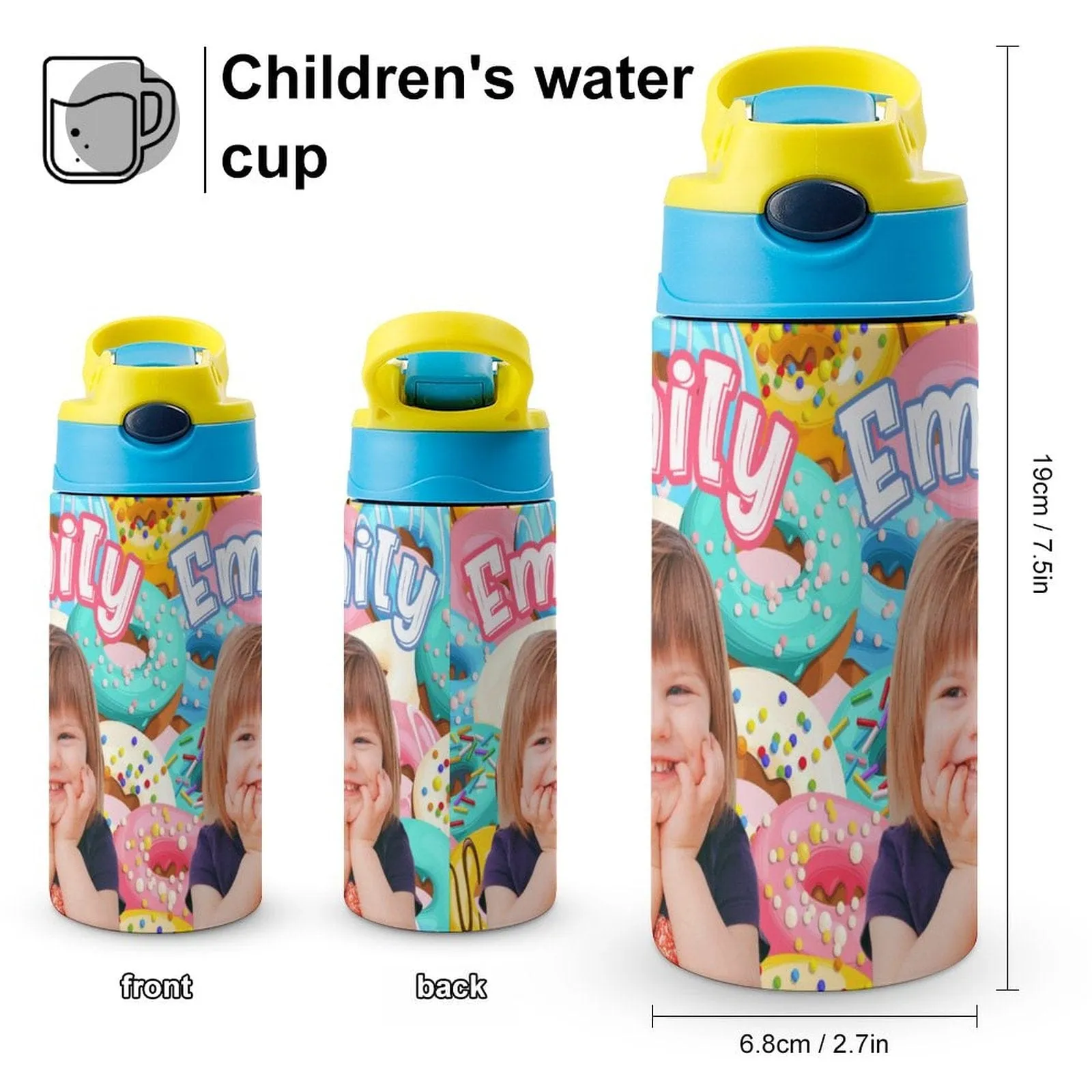 Custom Photo＆Name Personalised Donut Stainless Steel Kids Drink Bottles 500ml Water Bottle