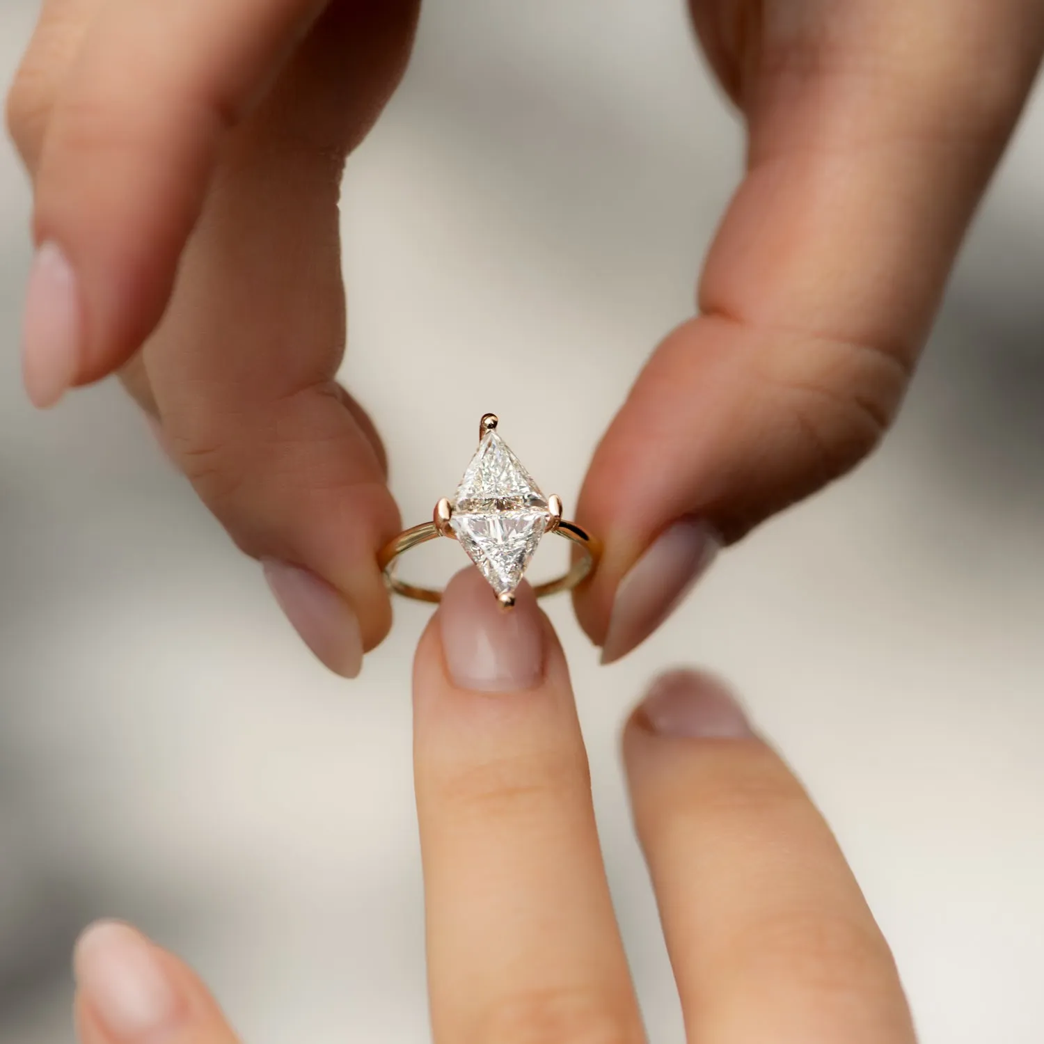 Diamond Rhombus Engagement Ring with Triangle Cut Diamonds