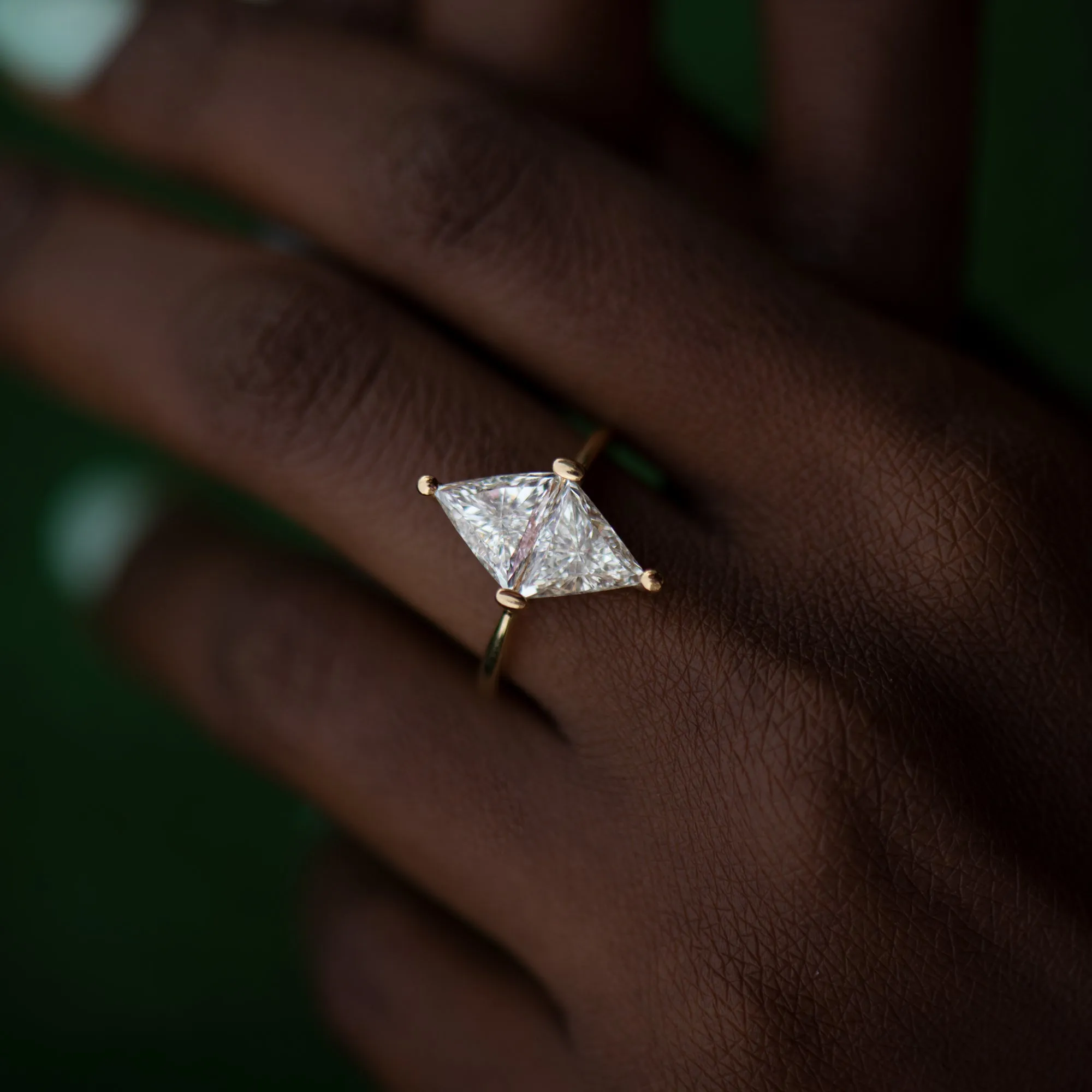 Diamond Rhombus Engagement Ring with Triangle Cut Diamonds