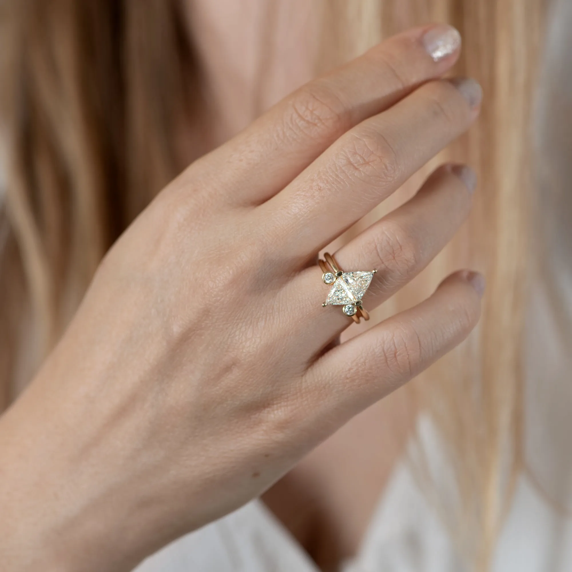 Diamond Rhombus Engagement Ring with Triangle Cut Diamonds