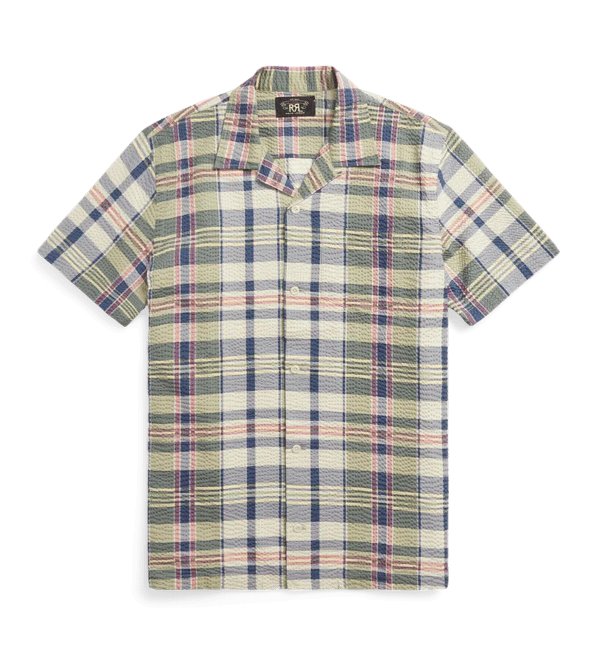 Double RL - Short Sleeve Cotton Seersucker Madras Aloha Camp Shirt in Green/Cream/Multi