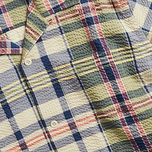 Double RL - Short Sleeve Cotton Seersucker Madras Aloha Camp Shirt in Green/Cream/Multi