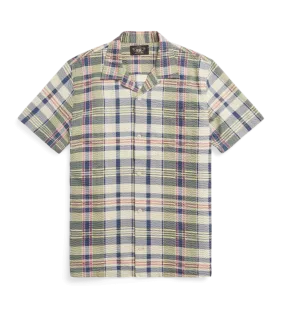 Double RL - Short Sleeve Cotton Seersucker Madras Aloha Camp Shirt in Green/Cream/Multi