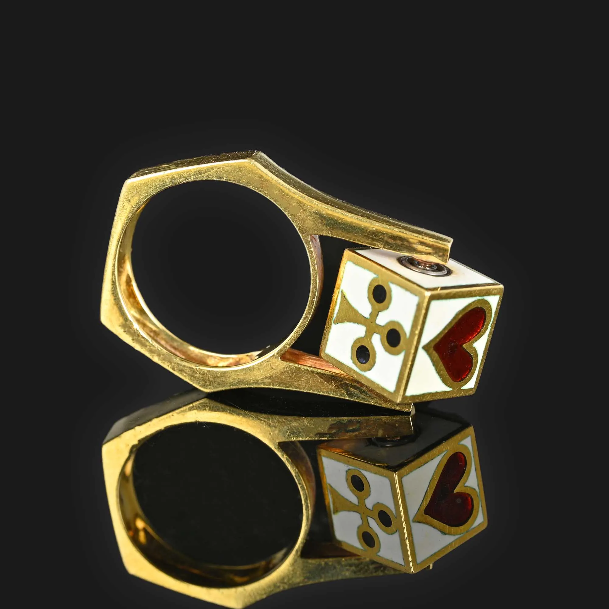 Enamel Playing Card Gambler Spinner Ring in 18K Gold