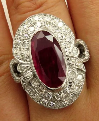 GIA 4.70CT ANTIQUE VINTAGE RED RUBY DIAMOND ENGAGEMENT WEDDING CLUSTER RING 18KW