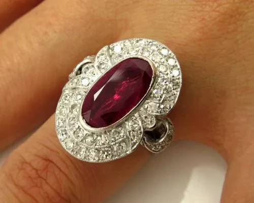 GIA 4.70CT ANTIQUE VINTAGE RED RUBY DIAMOND ENGAGEMENT WEDDING CLUSTER RING 18KW