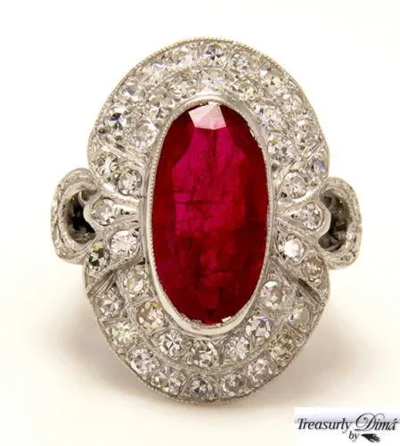 GIA 4.70CT ANTIQUE VINTAGE RED RUBY DIAMOND ENGAGEMENT WEDDING CLUSTER RING 18KW